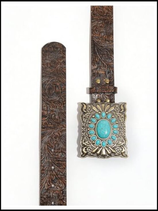Western Leather Belt Turquoise Concho Buckle Boho Vintage Cowgirl Style